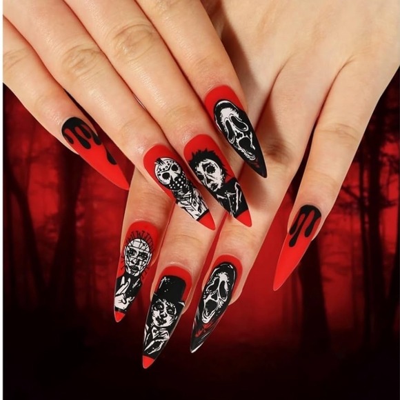 Halloween Press On Fake Nails Red Black Horror Blood Voorhees Pinhead Scream - Picture 1 of 6